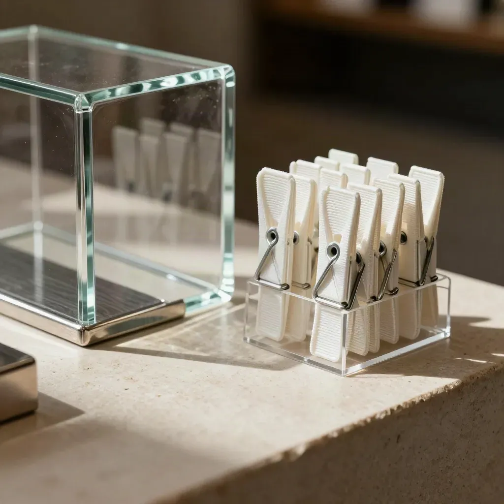 Retail display hardware on pale stone under soft daylight, premium macro still life.