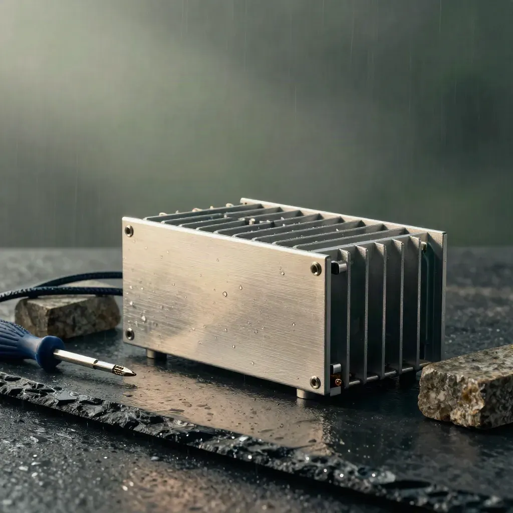 Brushed aluminum rack module with cable and tools on damp stone in misty dawn light
