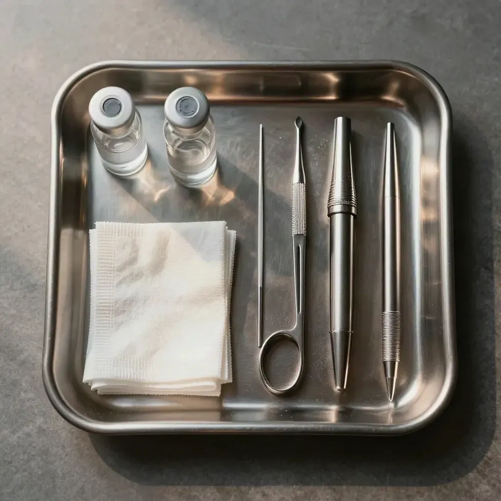 Top-down stainless medical tray with vials, gauze, and diagnostic tools on stone.