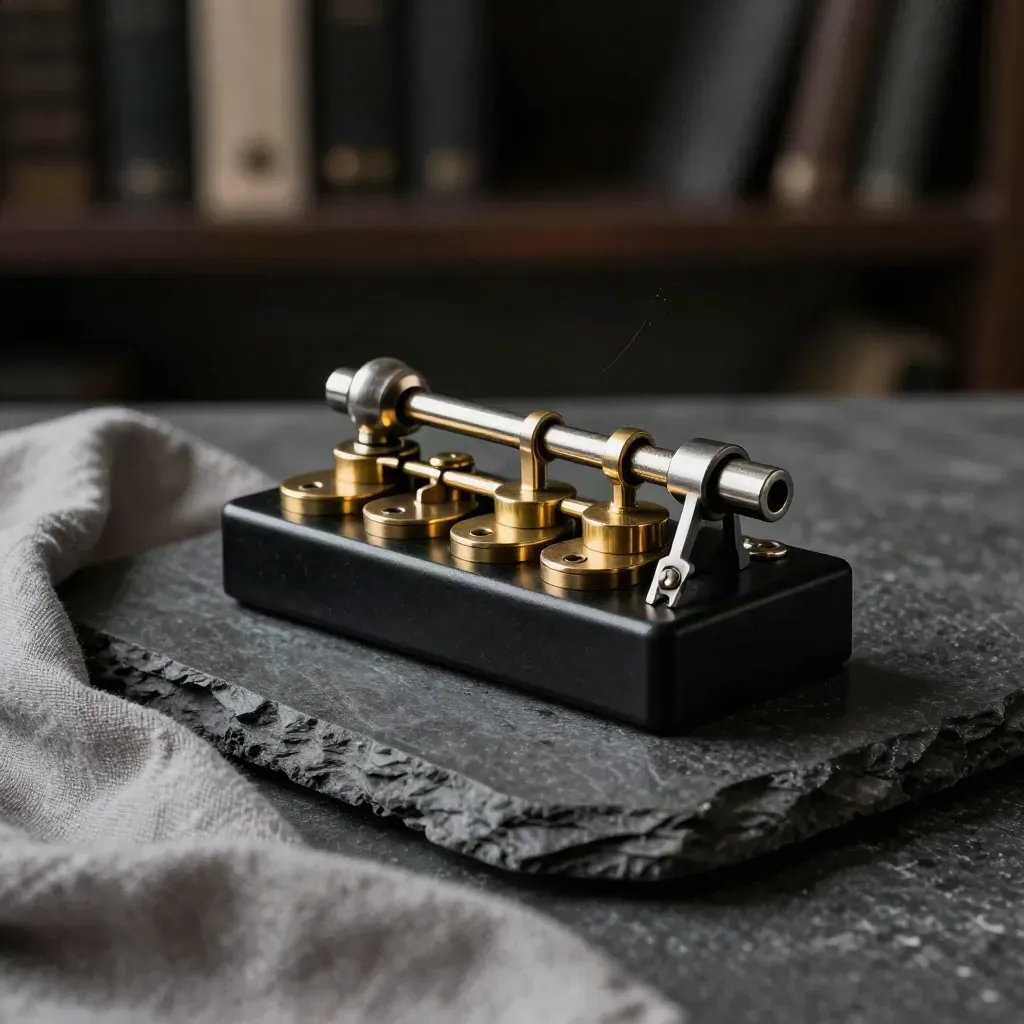 Matte black ledger weight with brass pieces, seal, and tabs on dark stone