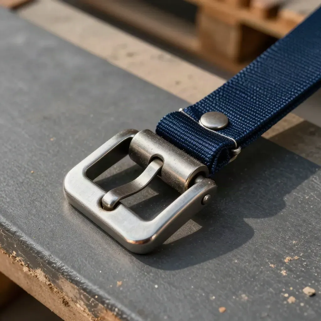 Cargo strap hardware and corner guard locked under load on a dusted steel surface.