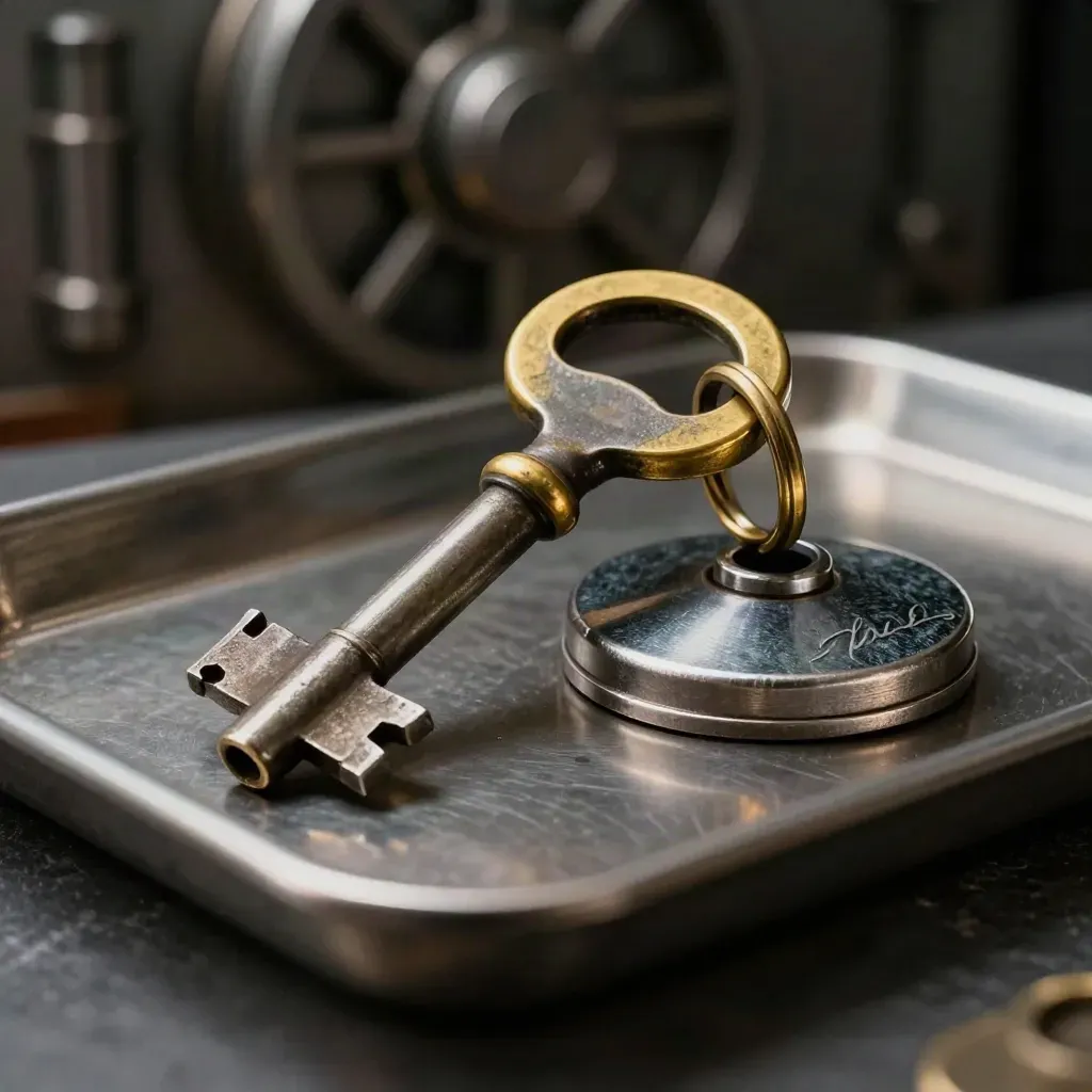 Macro of a vault key, brass ring, metal seal, and security tray on brushed steel.