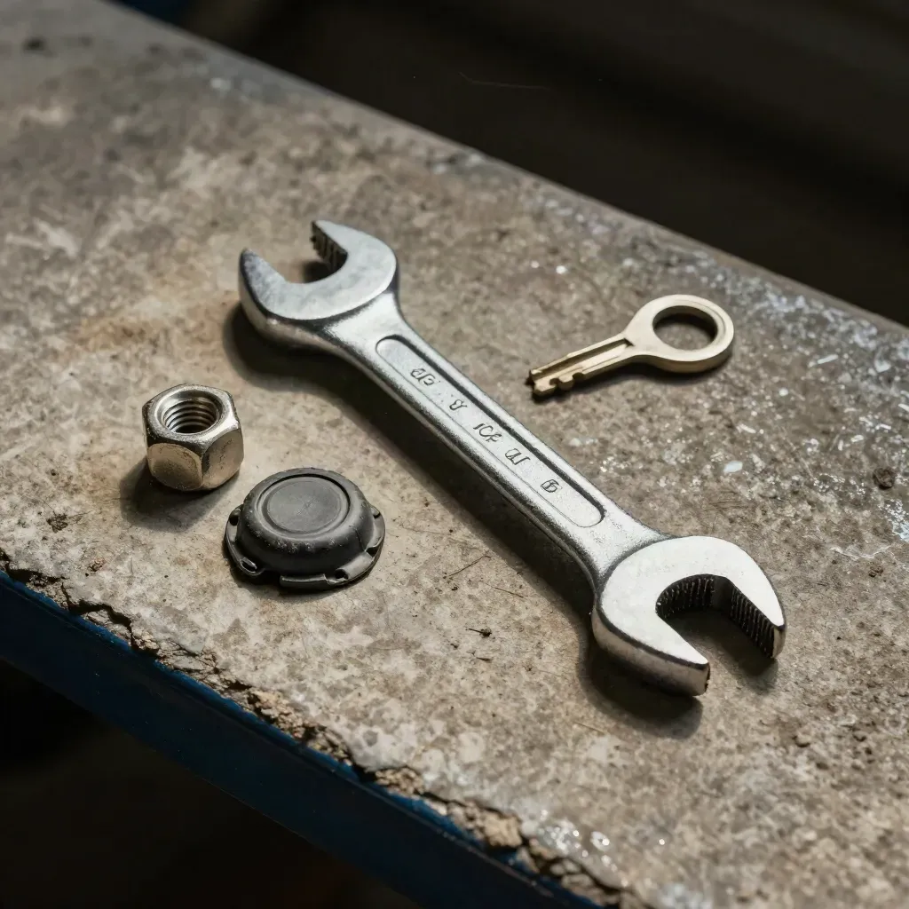 Torque wrench, wheel nut, fuel cap and rubber grommet on a concrete slab.
