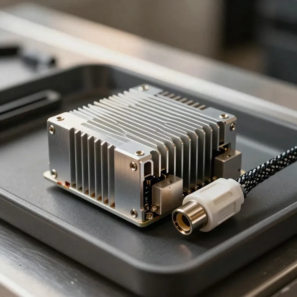 Compact aluminum server module with spacer blocks and braided cable end on a graphite service tray.