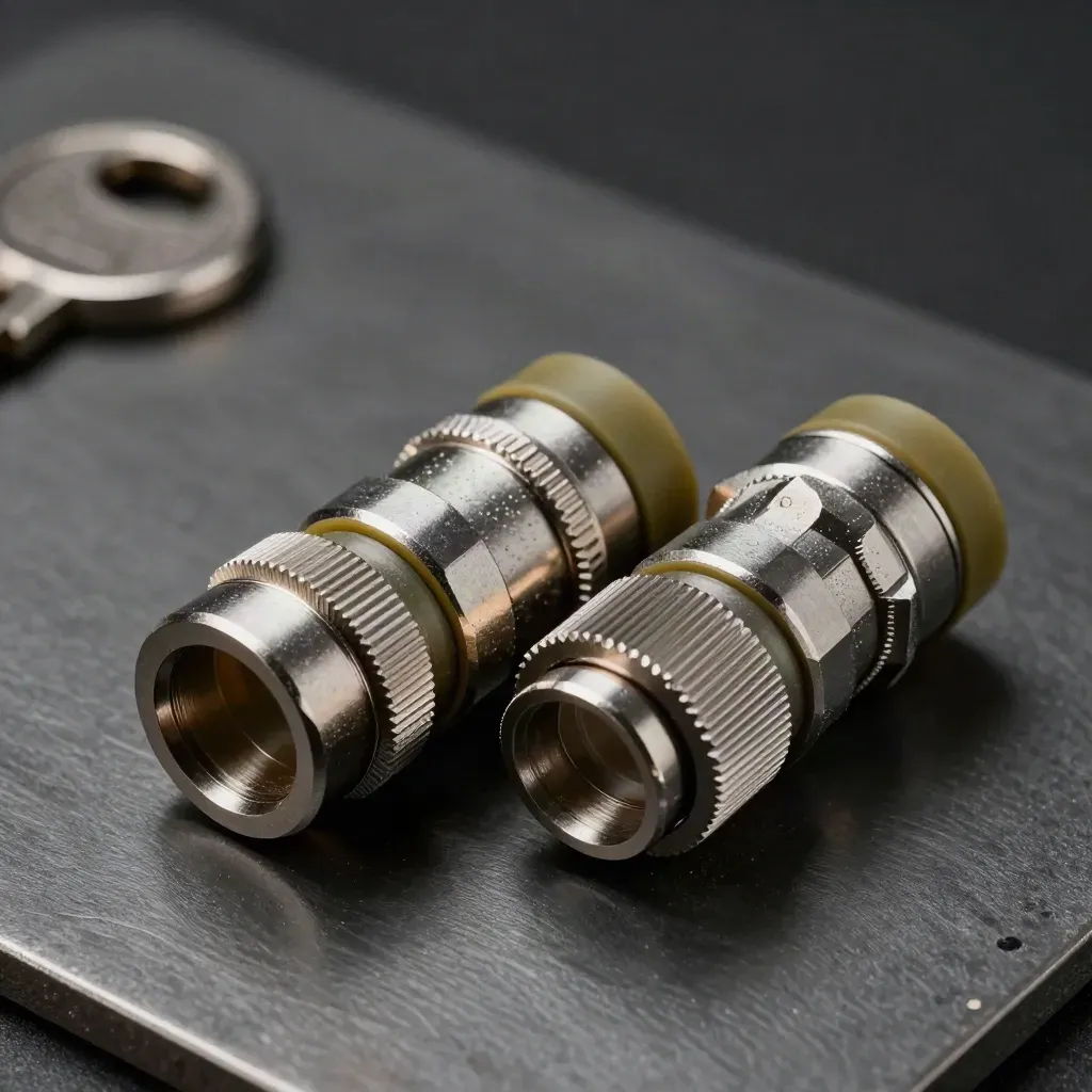 Precision connector pair, cable gland, and coupling ring on a dark studio metal surface