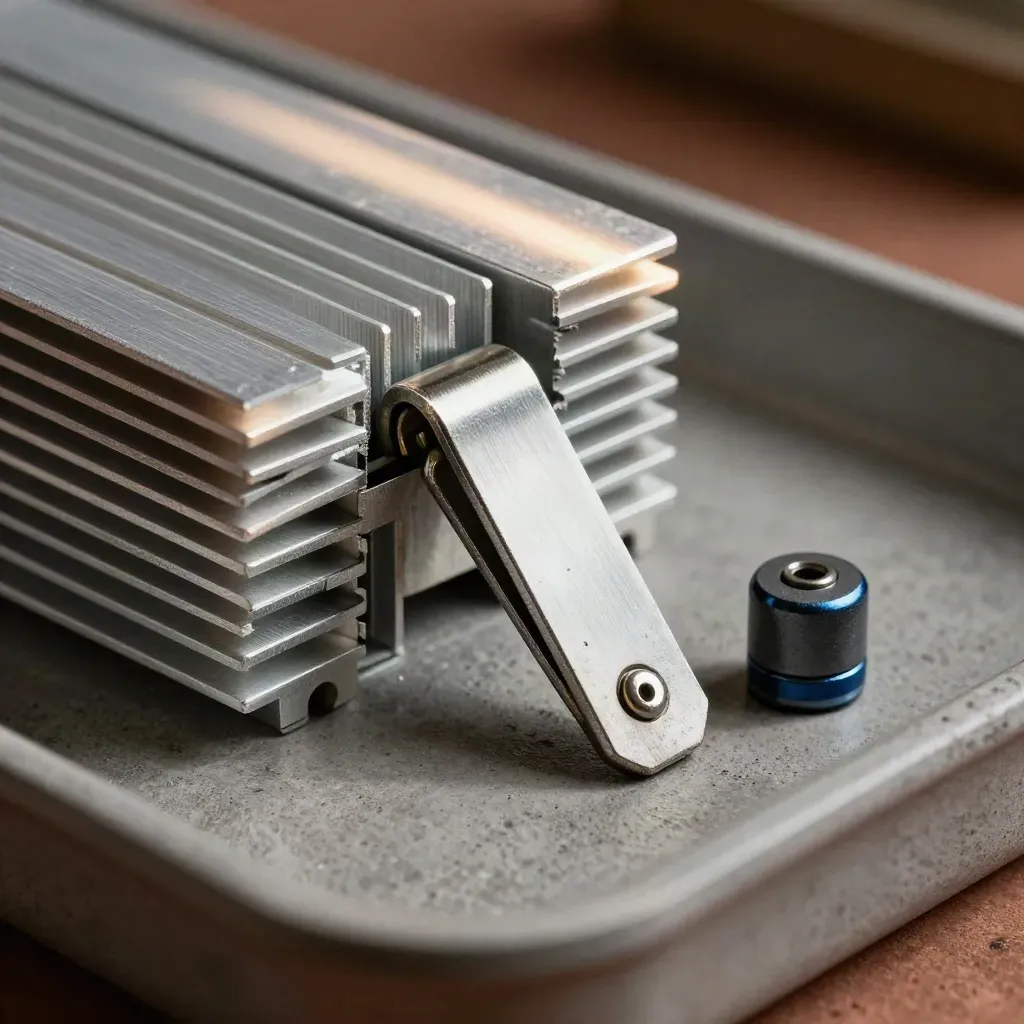 Rack latch beside heatsink blocks and sealed fasteners on a graphite tray