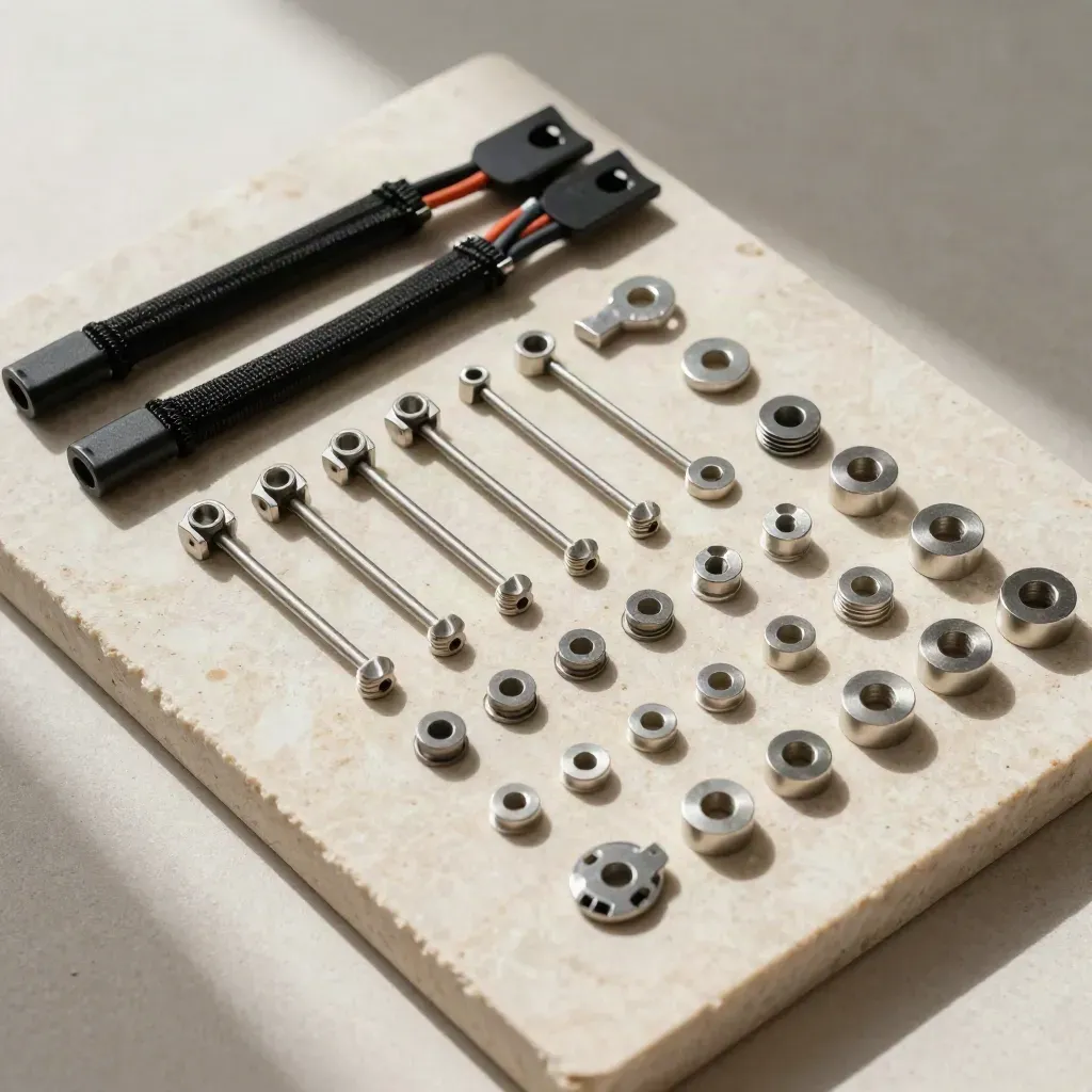 Sorted fasteners and cable parts on pale stone in a premium code refactor flat lay