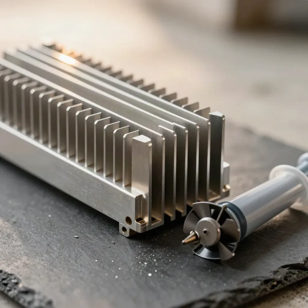 Macro still life of heatsink, thermal paste syringe, and fan rotor on graphite concrete.