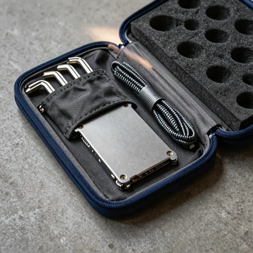 Macro of a deployment kit with hex keys, SSD tray, cable tether and case on concrete.