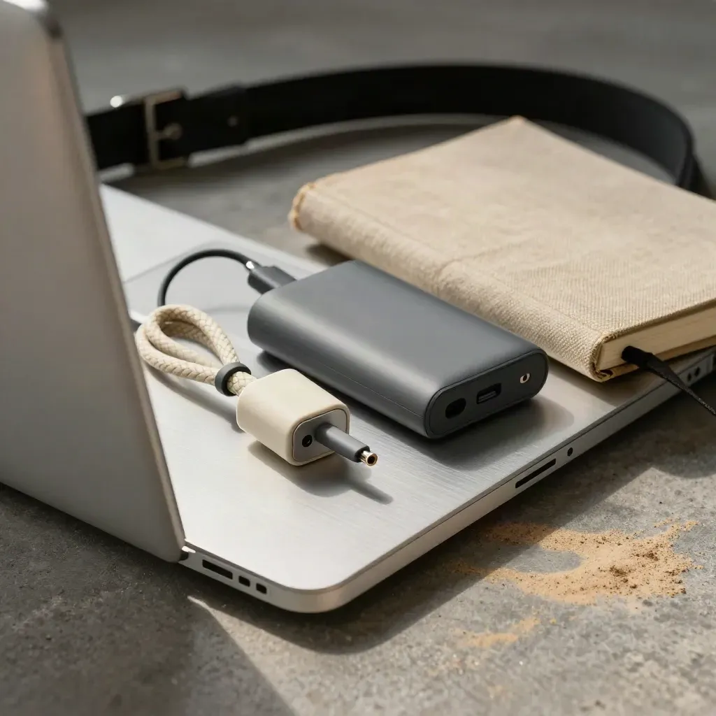 Closed laptop kit with charger, power bank, and notebook behind a blurred strap on graphite concrete.