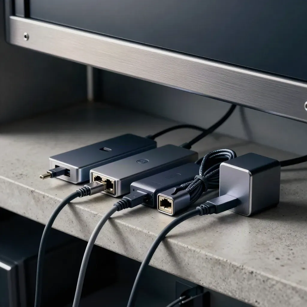 USB-C dock, ethernet splitter, cables, and charger block on concrete shelf in dramatic light