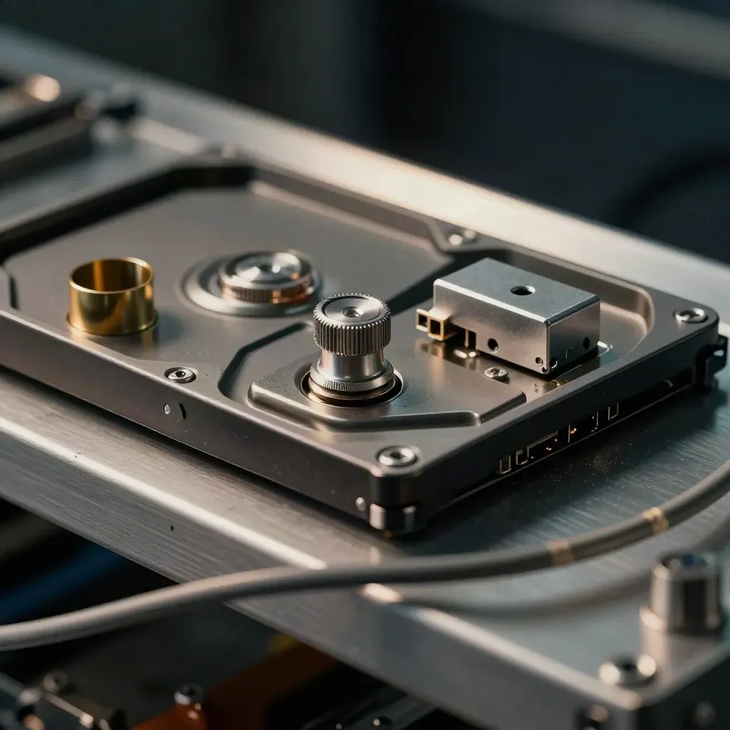 Macro still life of a worn server drive tray, standoffs, selector, and adapter block.