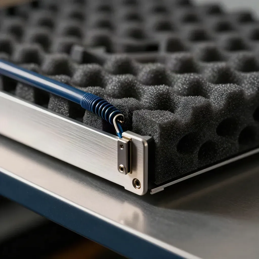Server module settling into foam beside a fiber patch lead and latch clip.