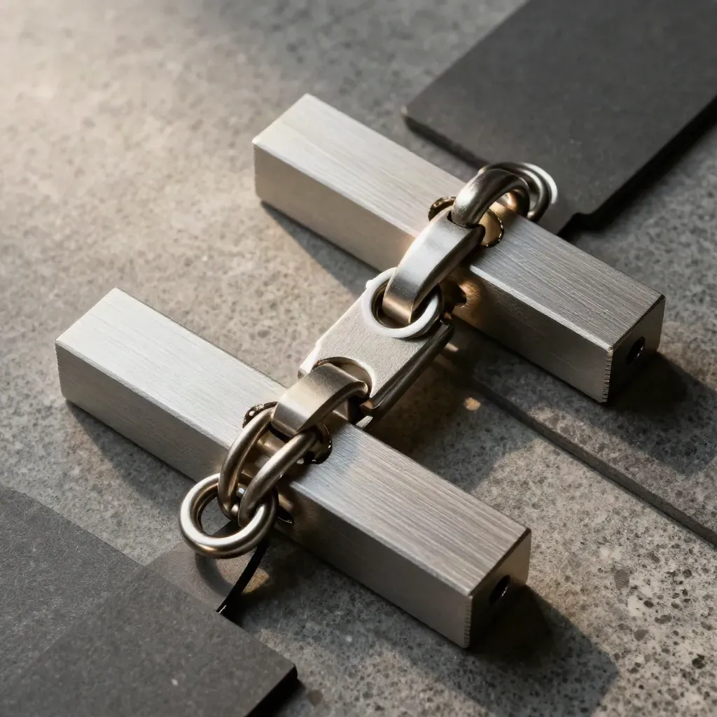 Top-down macro of interlocking metal blocks and rings on a grey stone surface