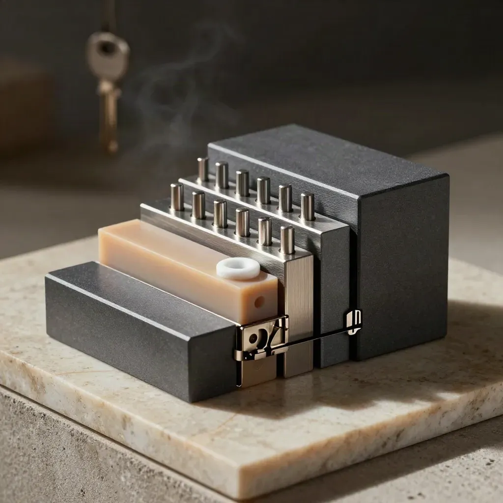 Nested metal blocks and latch on stone, lit dramatically in a diagonal still life.