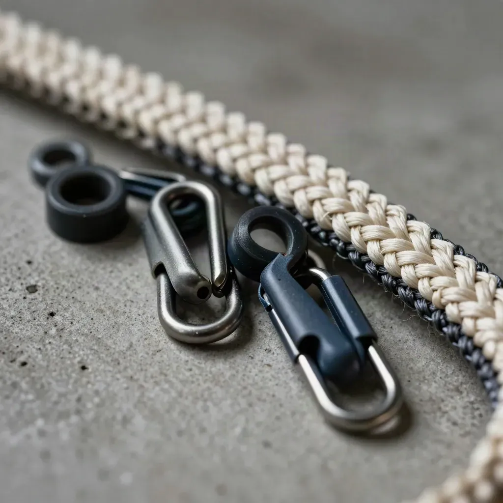Macro still life of cable clips, rubber grommets, and a woven connector sleeve on concrete.