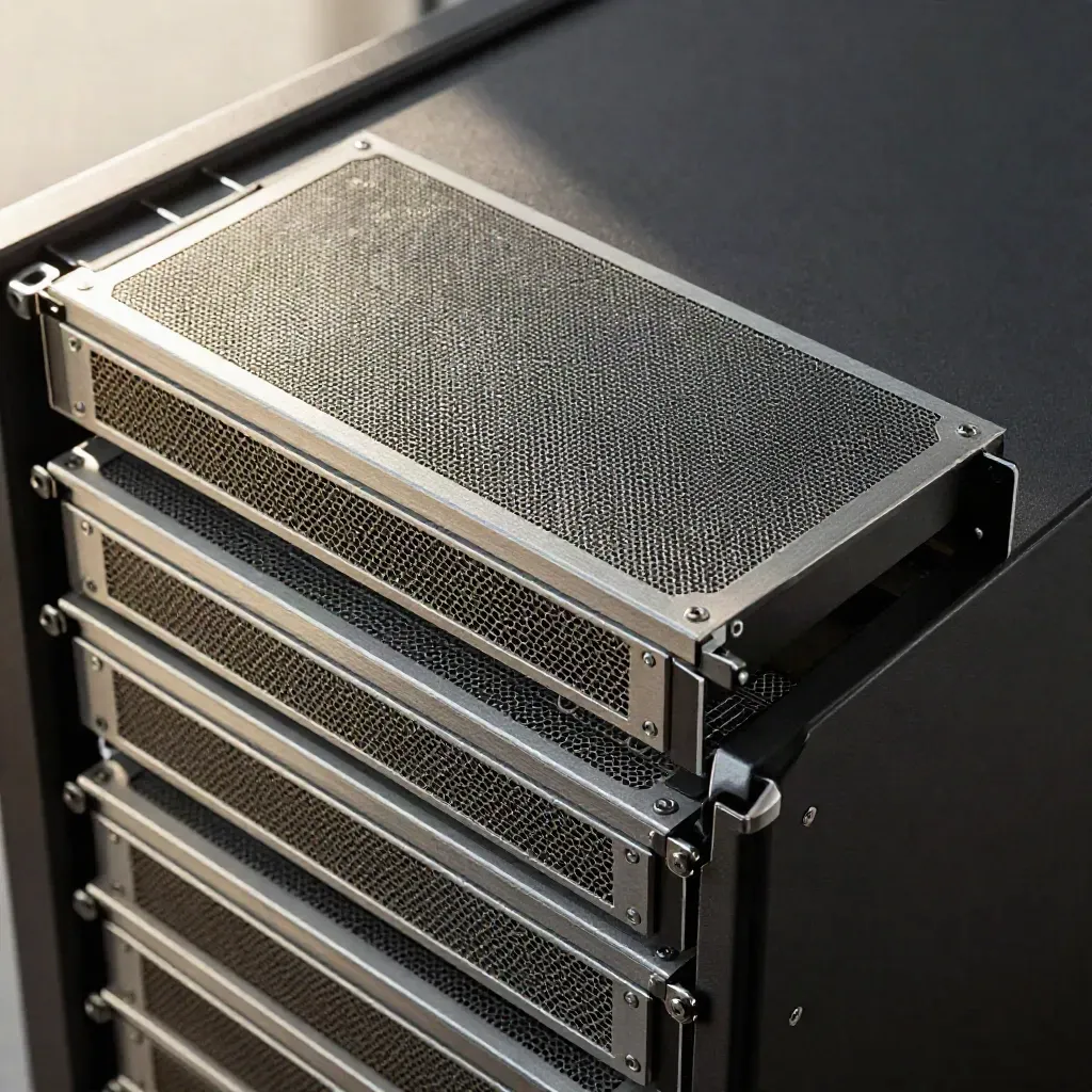 Modular server tiles arranged diagonally on a graphite surface with soft daylight and metallic shadows.