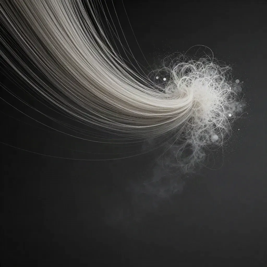 Silver filaments converge into a soft white bloom in graphite haze, with calm copy space below.